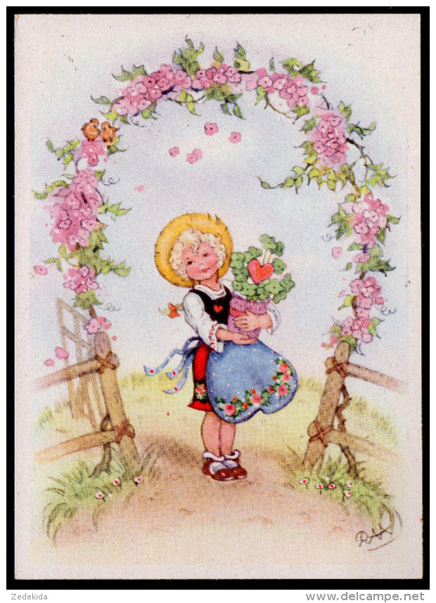 6249 - Alte Glückwunschkarte - Künstlerkarte - Geburtstag Mädchen Blumen - Charlotte Baron - RAA - TOP - Bunkowsky - Children's School Start